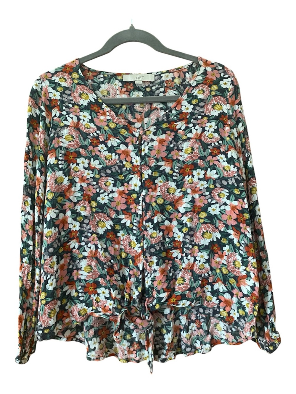 LOFT Floral Tie Front Blouse Small Button Front Long Sleeve Boho Top